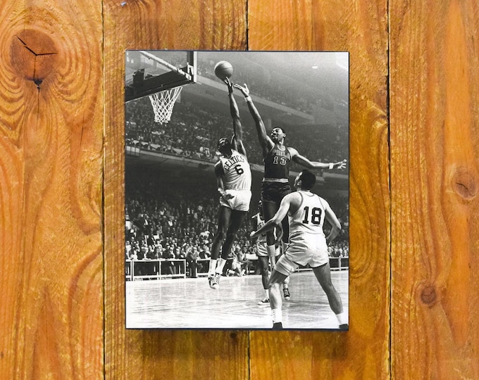 Wilt Chamberlain & Bill Russell Game Action Shot - 1960's Boston Celtics vs. Philadelphia 76ers - Vintage Sports Wood Wall Panel