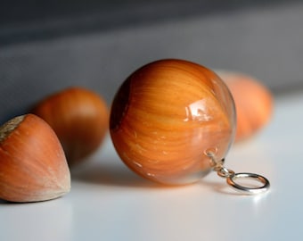 Resin Pendant with Real Hazel Nut, Nut Necklace, Resin and SIlver Jewelry, Oryginal Resin Pendant. Sphere 3 cm. Witchout Chain.