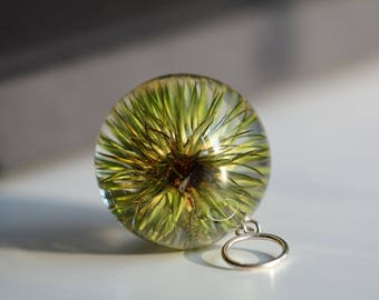 Burdock Pendant, Green Resin Pendant, Real Burdock Resin Pendant, Green Silver Pendant, Real Plants Jewelry, Sphere 3.4 cm. Witchout chain.