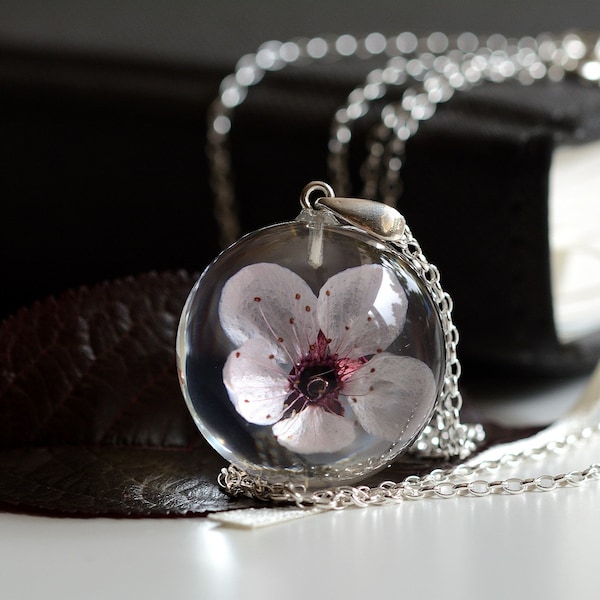 Pink Cherry Flower Pendant, Pink Resin Pendant, Pink Silver Pendant, Pink Cherry Necklace, Flower Jewelry. Sphere 3 cm. Chain 80 cm.