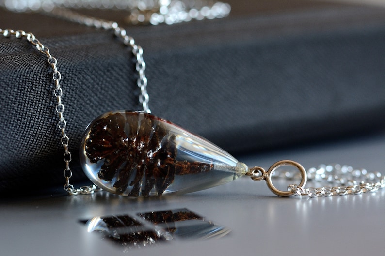 Fast Shipping Chain 80 cm. Polish Plant Resin Black Cone Pendant Sterling Silver Jewelry Real Cone Necklace Resin 4 x 2 cm