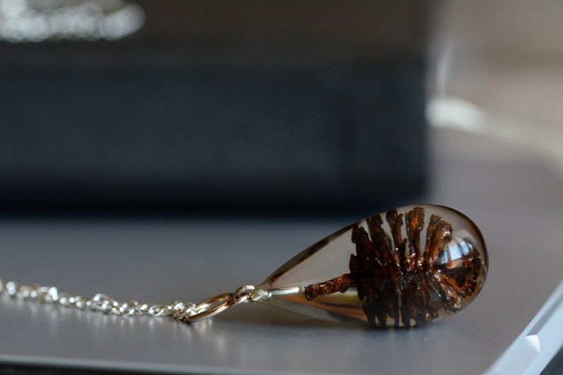 Fast Shipping Chain 80 cm. Polish Plant Resin Black Cone Pendant Sterling Silver Jewelry Real Cone Necklace Resin 4 x 2 cm