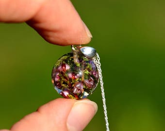 Pink Flower Necklace, Real Heather (Calluna vulgaris) Pendant,  Resin and Silver Necklace, Real Flowers Jewelry. Sphere 1.7 cm. Chain 70 cm.