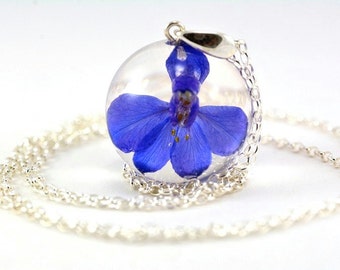 Blue Flower Pendant, Forking Larkspur, Consolida regalis, Violet Resin Pendant, Larkspur, Real Flower Jewelry, Sphere 2.5 cm, chain 80 cm