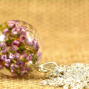 Real Heather Pendant, Natural Heather Necklace, Heather Jewelry, Resin Flower Pendant, Silver Pendant, Sphere 2.5 cm, Chain 80 cm. image 1