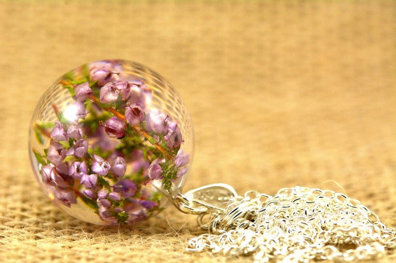 Real Heather Pendant, Natural Heather Necklace, Heather Jewelry, Resin Flower Pendant, Silver Pendant, Sphere 2.5 cm, Chain 80 cm. image 1