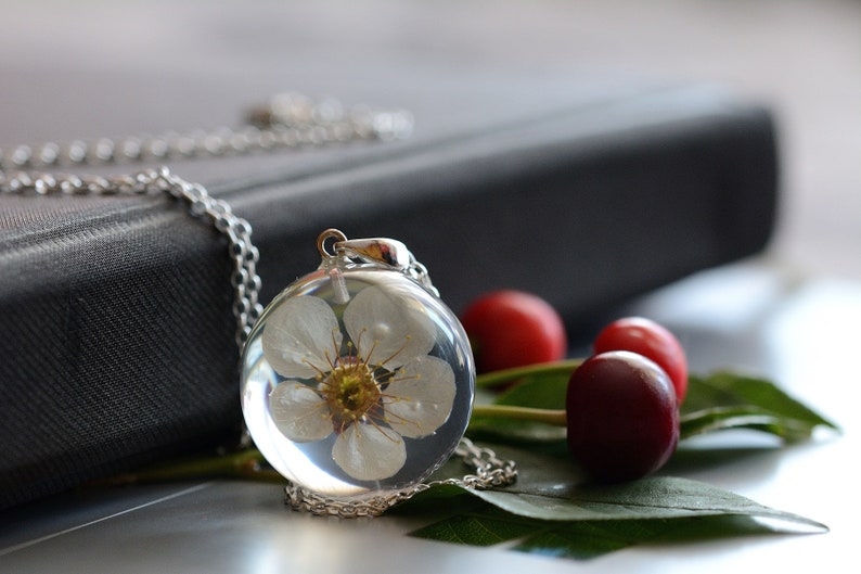 in the resin ball on a silver chain Pendant with natural white cherry flower Chain 80 cm. Sphere 3 cm Prunus sp.