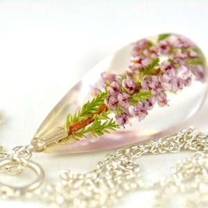 Resin Pendant, Christmas Gifts, Real Heather Necklace, Heather Jewelry, Resin Flower Pendant, Silver Pendant, Size 4 x 2 x 2 cm, Chain 80 cm