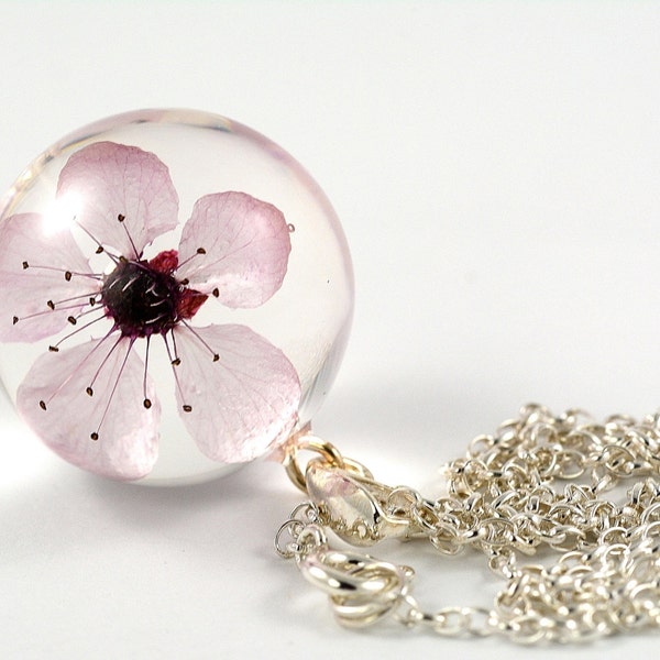 Pink Cherry Flower Pendant, Pink Resin Pendant, Real Flower Pendant, Pink Silver Pendant, Pink Cherry Necklace, Flower Jewelry