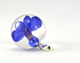 Blue Flower Pendant, Forking Larkspur, Consolida regalis, Violet Resin Pendant, Larkspur, Real Flower Jewelry, Sphere 2.5 cm, No Chain