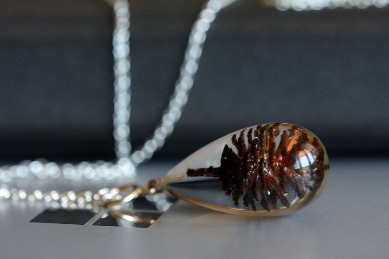 Fast Shipping Chain 80 cm. Polish Plant Resin Black Cone Pendant Sterling Silver Jewelry Real Cone Necklace Resin 4 x 2 cm