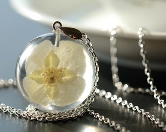 White Flower Pendant, Philadelphus Resin Necklace, Resin and Sterling Silver Jewelry, Birthday Gift for Her. Sphere 3 cm. Chain 80 cm.