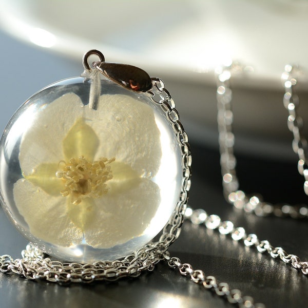 White Flower Pendant, Philadelphus Resin Necklace, Resin and Sterling Silver Jewelry, Birthday Gift for Her. Sphere 3 cm. Chain 80 cm.