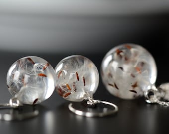 Jewellery Set with Real Dandelion Seeds in Resin Balls, Sterling Silver Jewelry. Spheres 1.7 cm and 2 cm. Chain 50 cm.