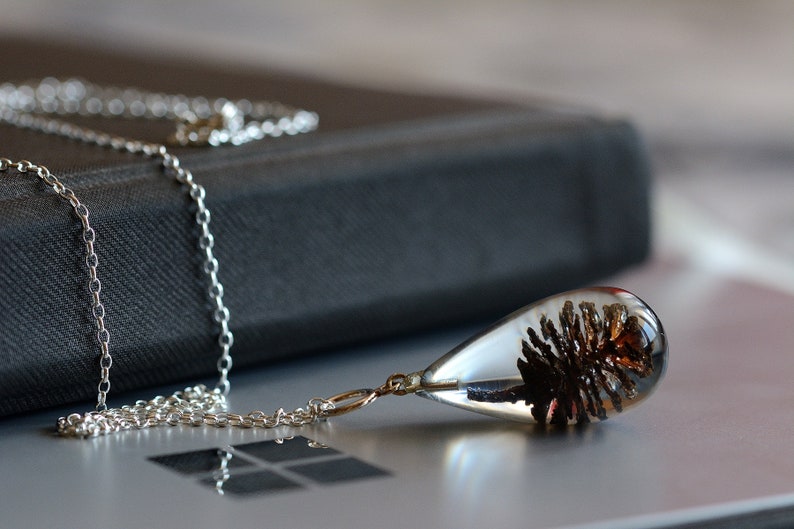 Fast Shipping Chain 80 cm. Polish Plant Resin Black Cone Pendant Sterling Silver Jewelry Real Cone Necklace Resin 4 x 2 cm