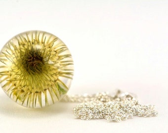 Real Burdock Pendant, Green Burdock Necklace, Thistle Jewelry, Resin Flower Pendant, Silver Pendant, Sphere 2 cm, Chain 45 cm