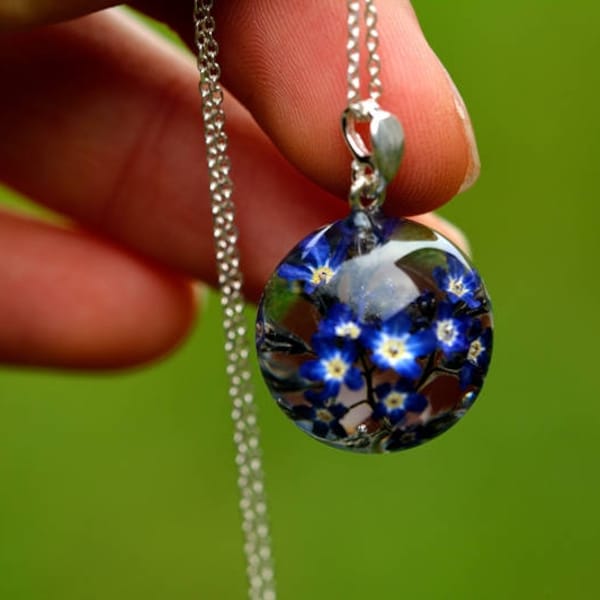 Blue Flower Pendant, Forget-me-not Pendant, Nots Resin Pendant, Blue Silver Pendant, Blue Myosotis Sylvatica Necklace, Nots Jewelry