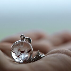 Dandelion Seeds Pendant, Resin and Sterling Silver Jewellery, Dandelion Necklace, Picris hieracioides. Sphere 1.7 cm. Chain 45 cm.