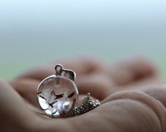 Löwenzahnsamen Anhänger, Harz und Sterling Silber Schmuck, Löwenzahn Halskette, Picris hieracioides. Kugel 1,7 cm. Kette 45 cm.