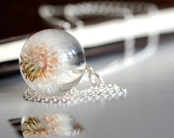 Dandelion Resin Pendant, Silver and Resin Necklace, Easter Gift, For Woman, Spring Jewellery. Sphere 3 cm. Chain 80 cm.