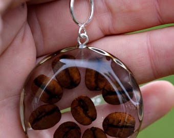 Brown Coffee Beans Pendant, Coffee Seeds Necklace, Clear Resin Pendant with Coffee Beans, Sterling Silver Pendant, Pendant on a Chain