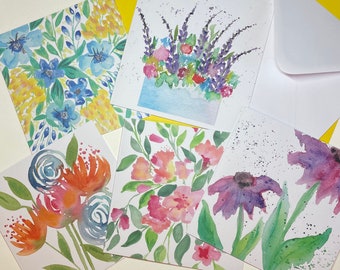Greetings Card multi pack summer rainbow flowers garden watercolour Design blank cards inside white envelopes included 5 cards