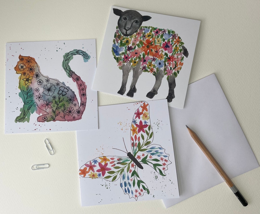 Animal Greetings Cards Pack/set Handmade Art Watercolour Floral Design