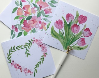 Greetings Cards Pack/Set Handmade Art summer pink flowers garden watercolour Design -Birthday cards for her, mum, daughter- blank inside