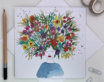 Flowers in her hair Frida Kahlo greetings card watercolour design print blank inside - nature - birthday girl - rainbow