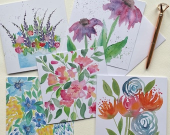 Greetings Cards Pack/Set Handmade Art summer rainbow flowers garden watercolour Design -Birthday cards for her, mum, daughter- blank inside