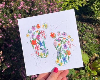 New Baby Feet greetings card flowers floral Printed watercolour deisgn blank inside - congratulations - envelope included -boy girl
