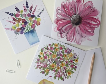Pink and Yellow Greetings Cards Pack/Set Handmade - Art Watercolour floral design cards - Flower Birthday cards / thank you / Mother’s Day