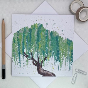 Willow Tree greetings card watercolour design Willow Anniversary print blank inside - nature - green - weeping willow - new baby girl