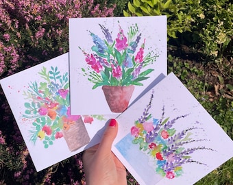 Greetings Cards Pack/Set Handmade Art summer rainbow flowers garden watercolour Design -Birthday cards for her, mum, daughter- blank inside