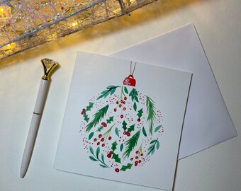 Bauble Christmas Greetings Card watercolour design blank inside - holly - green - merry Christmas- envelope included