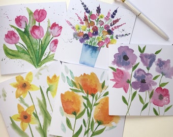 Greetings Cards Pack/Set Handmade Art spring rainbow flowers garden watercolour Design -Birthday cards for her, mum, daughter- blank inside