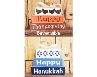 Happy Thanksgiving,  Happy Hanukkah, Reversible Blocks, Small Blocks, Wood Sign, Holiday Decoration, Thanksgiving, Hanukkah Decoration