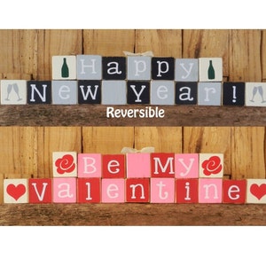Happy New Year / Be My Valentine, Reversible Mini Blocks, New Years Blocks, Valentine, Mini Block Set, Mini Blocks, New Year, Valentine image 1