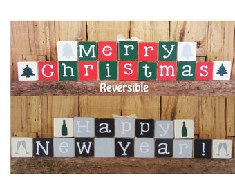 Merry Christmas / Happy New Year, Reversible Mini Blocks, Christmas Blocks, New Years Blocks, Mini Block Set, Mini Blocks, Christmas