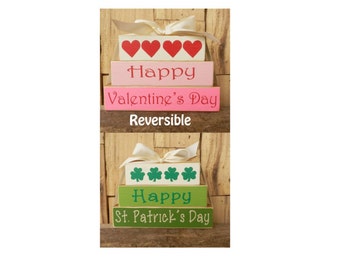 Happy Valentine's Day,  Happy St. Patrick's Day,  Reversible Block Set, Small Blocks, Blocks, Wood stack, Valentine's Day, St. Patrick's Day