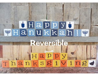 Happy Hanukkah / Happy Thanksgiving, Reversible Mini Blocks, Hanukkah Blocks, Thanksgiving Blocks, Mini Block Set, Mini Blocks, Hanukkah