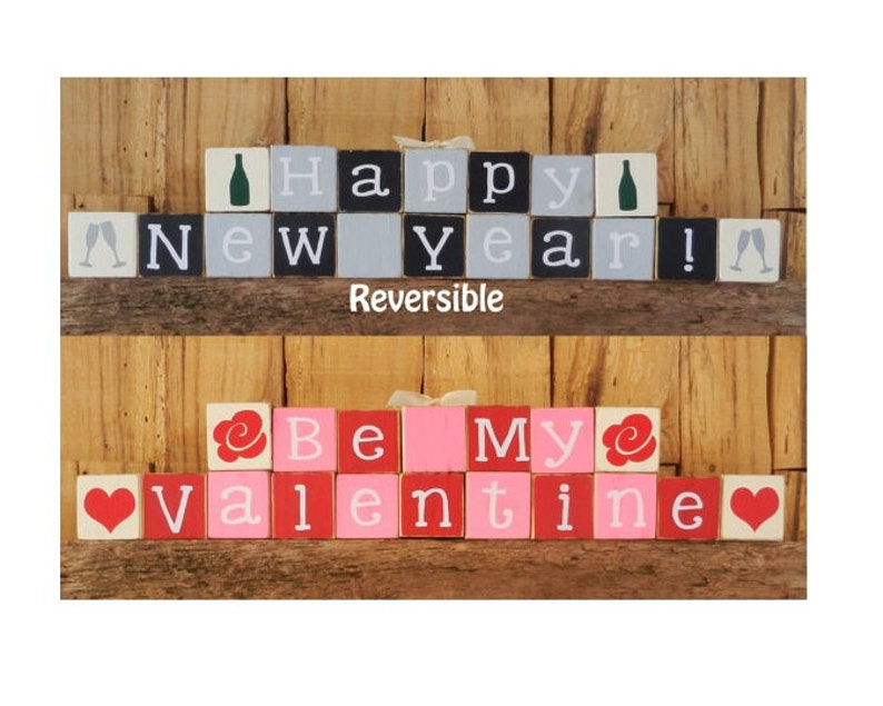 Happy New Year / Be My Valentine, Reversible Mini Blocks, New Years Blocks, Valentine, Mini Block Set, Mini Blocks, New Year, Valentine image 1