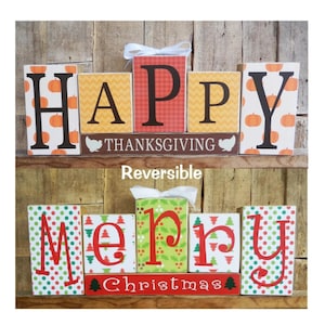 Happy Thanksgiving, Merry Christmas, Reversible Block Set, Holiday Decoration, Christmas Block Set, Thanksgiving, Christmas, Decoration