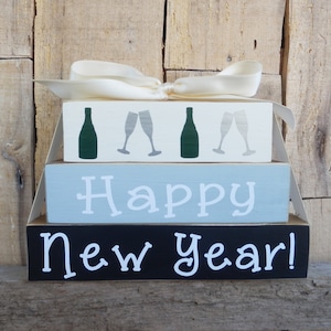 Happy New Year Mini Blocks, New Year, Champagne Glasses, Small Blocks, Wood Sign, Wood Blocks, Holiday Decoration, Champagne, New Years Eve