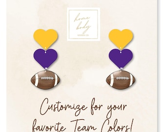 Personalized Football Heart Dangle Earrings: Custom Team Colors, Game Day Jewelry