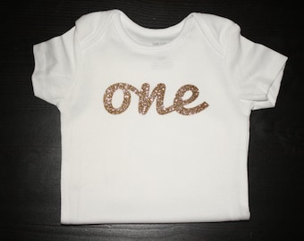 Girl&#39;s Homemade First Birthday Onesie with Gold, Silver or Pink Glitter (short or long sleeved)