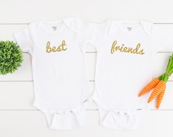 Girls&#39; Homemade &quot;Best Friends&quot; Onesies with Gold or Silver Glitter for Twins (Set of 2)