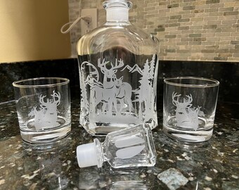 Deer Engraved Decanter Handcrafted and optional glasses