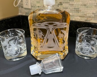 Sandcarved Scuba Diver Decanter, White Sharks, Optional Glasses