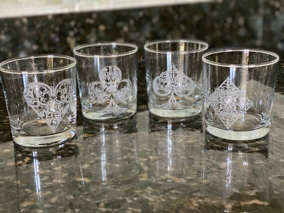 Poker Suit Glasses 4 Rock/whiskey/bourbon/ Mixed Drink Glasses W Spade/  Heart/ Club/ Diamond ON CHOICE OF 5 Glasses 